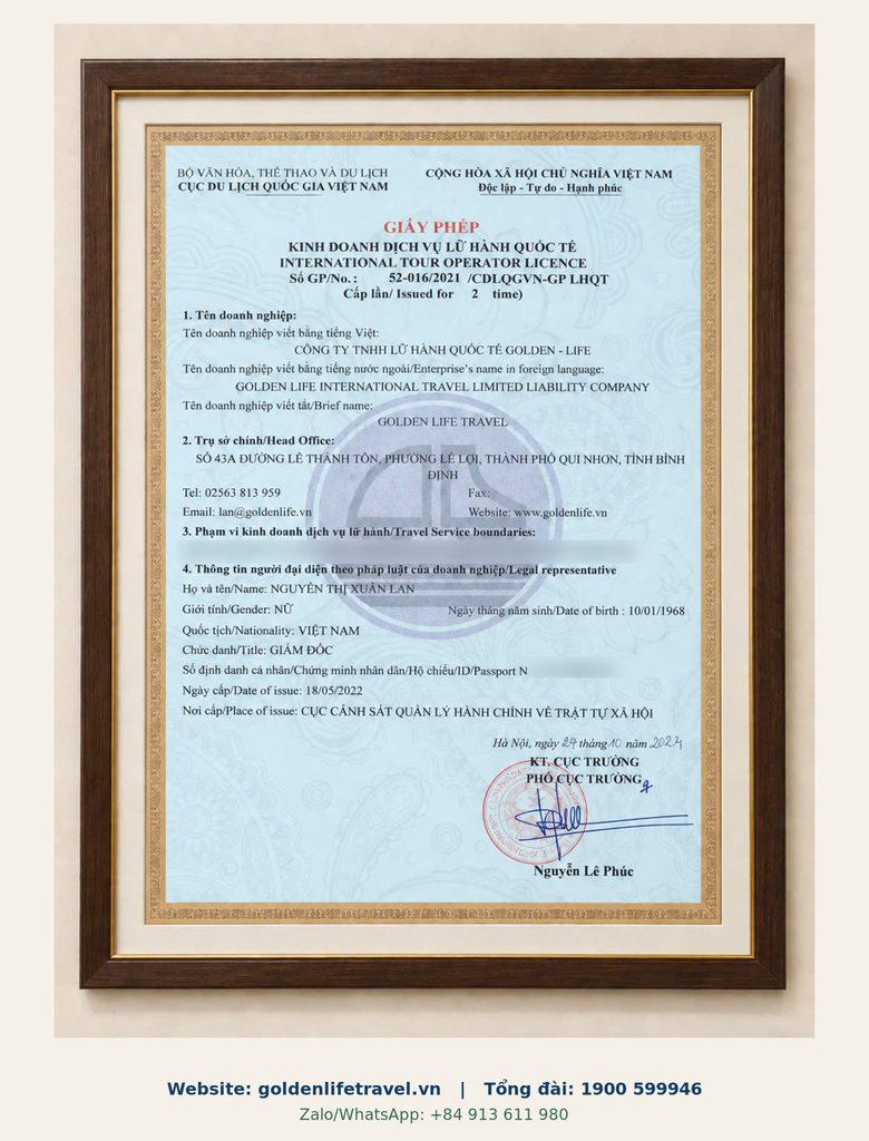Giấy phép kinh doanh dịch vụ lữ hành quốc tế của Golden Life Travel